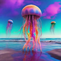 A psychedelic grunge scene of a tide dragging dead jellyfish onto the shore