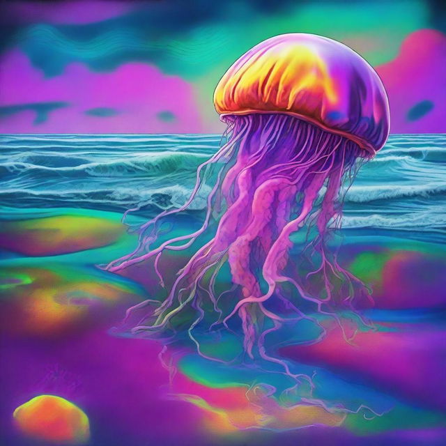 A psychedelic grunge scene of a tide dragging dead jellyfish onto the shore