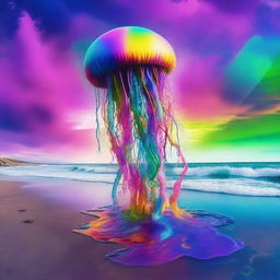 A psychedelic grunge scene of a tide dragging dead jellyfish onto the shore