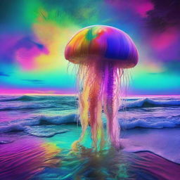 A psychedelic grunge scene of a tide dragging dead jellyfish onto the shore