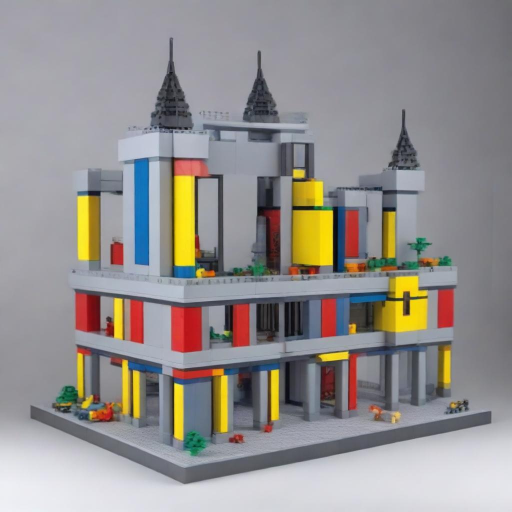 A detailed and intricate structure designed with interlocking Lego pieces, suitable for use in civil construction