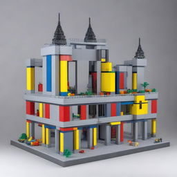 A detailed and intricate structure designed with interlocking Lego pieces, suitable for use in civil construction