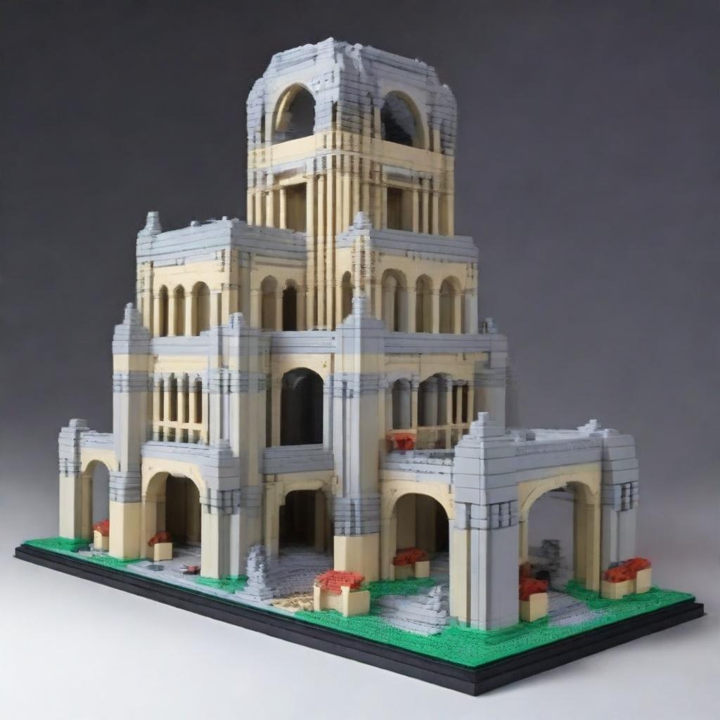 A detailed and intricate structure designed with interlocking Lego pieces, suitable for use in civil construction