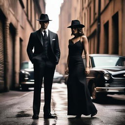 A mafia man and a girl standing together in a dramatic pose