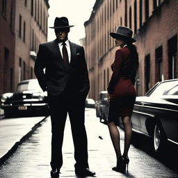 A mafia man and a girl standing together in a dramatic pose