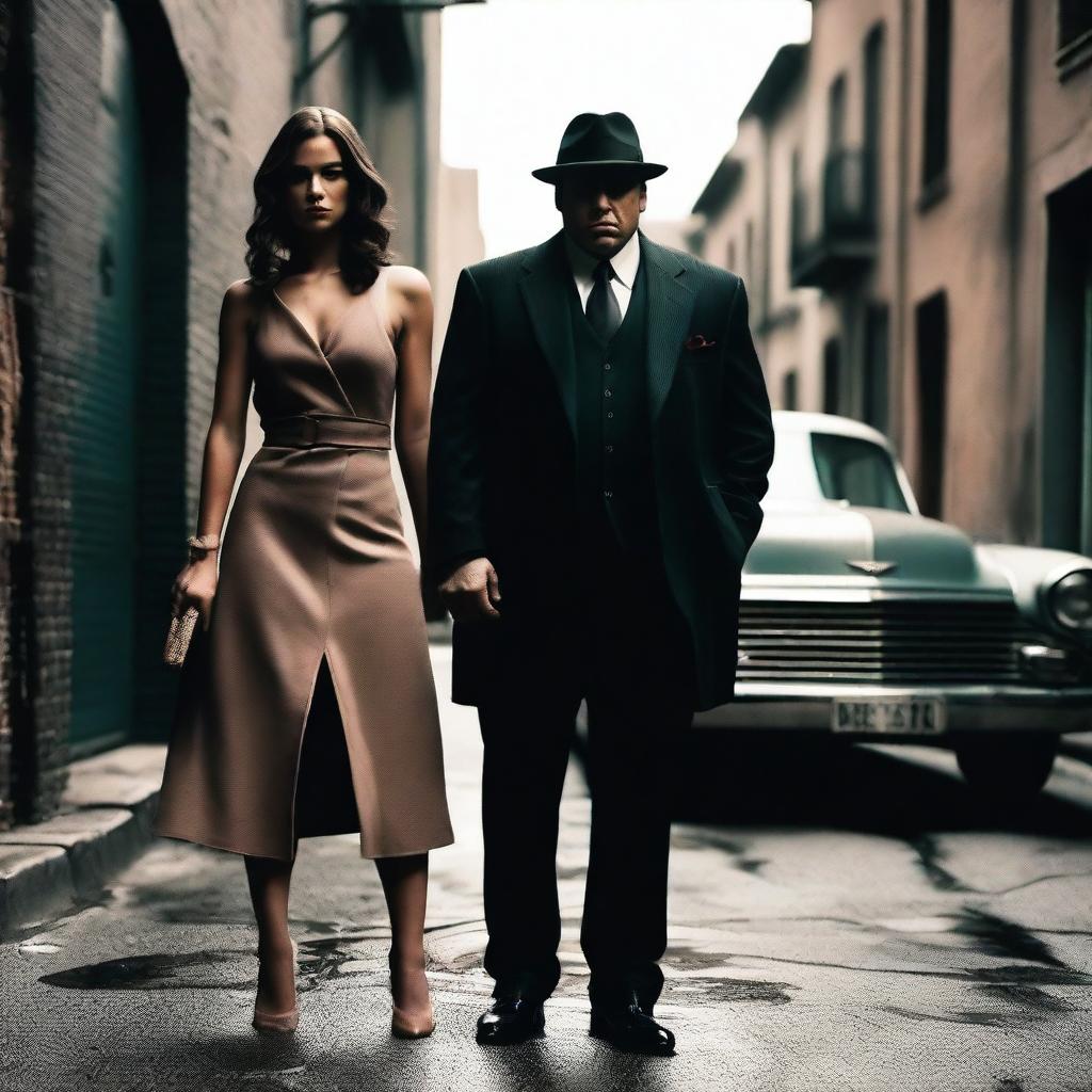 A mafia man and a girl standing together in a dramatic pose