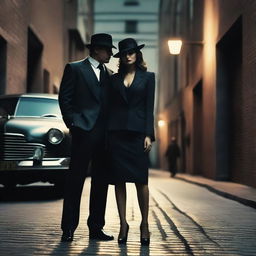 A mafia man and a girl standing together in a dramatic pose