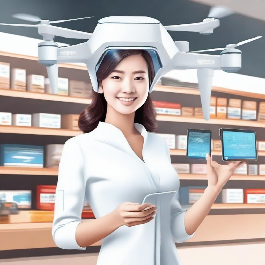 Uma ilustração que representa a modernização da venda, mostrando um mercado com tecnologia avançada, como caixas automáticos, pagamento por reconhecimento facial e drones entregando produtos