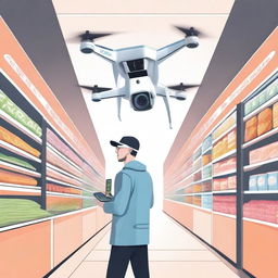 Uma ilustração que representa a modernização da venda, mostrando um mercado com tecnologia avançada, como caixas automáticos, pagamento por reconhecimento facial e drones entregando produtos
