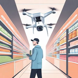 Uma ilustração que representa a modernização da venda, mostrando um mercado com tecnologia avançada, como caixas automáticos, pagamento por reconhecimento facial e drones entregando produtos