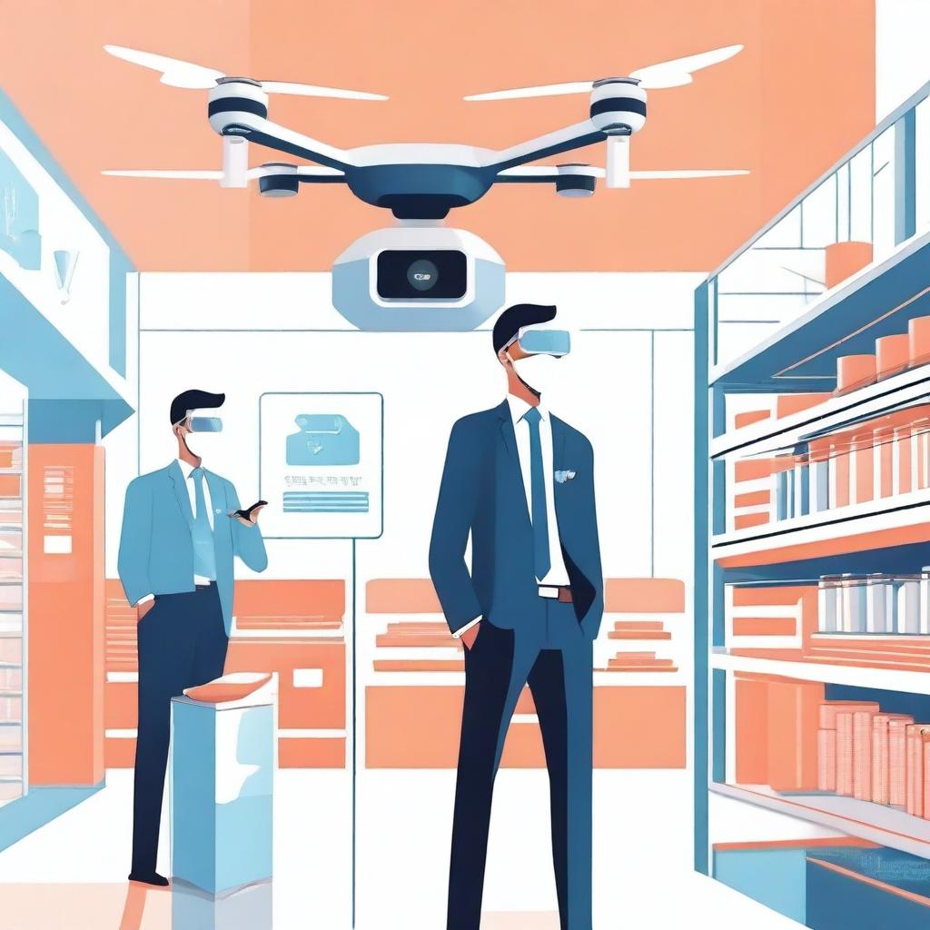 Uma ilustração que representa a modernização da venda, mostrando um mercado com tecnologia avançada, como caixas automáticos, pagamento por reconhecimento facial e drones entregando produtos