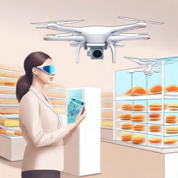 Uma ilustração que representa a modernização da venda, mostrando um mercado com tecnologia avançada, como caixas automáticos, pagamento por reconhecimento facial e drones entregando produtos