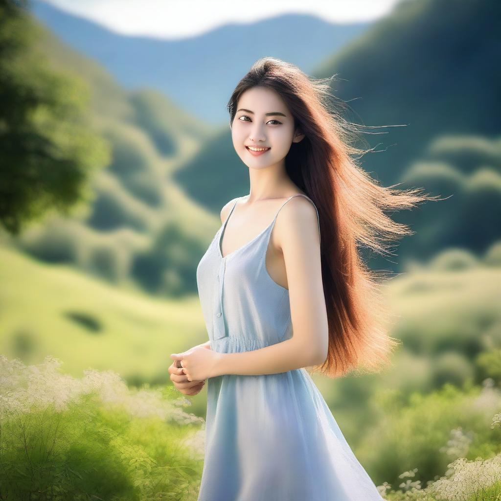 A beautiful girl with flowing hair, standing in a serene landscape with a gentle smile