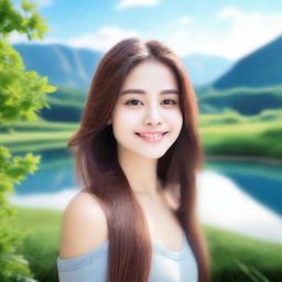 A beautiful girl with flowing hair, standing in a serene landscape with a gentle smile