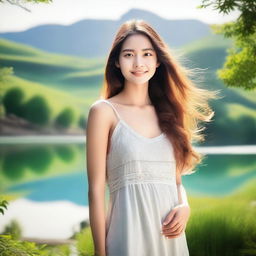 A beautiful girl with flowing hair, standing in a serene landscape with a gentle smile