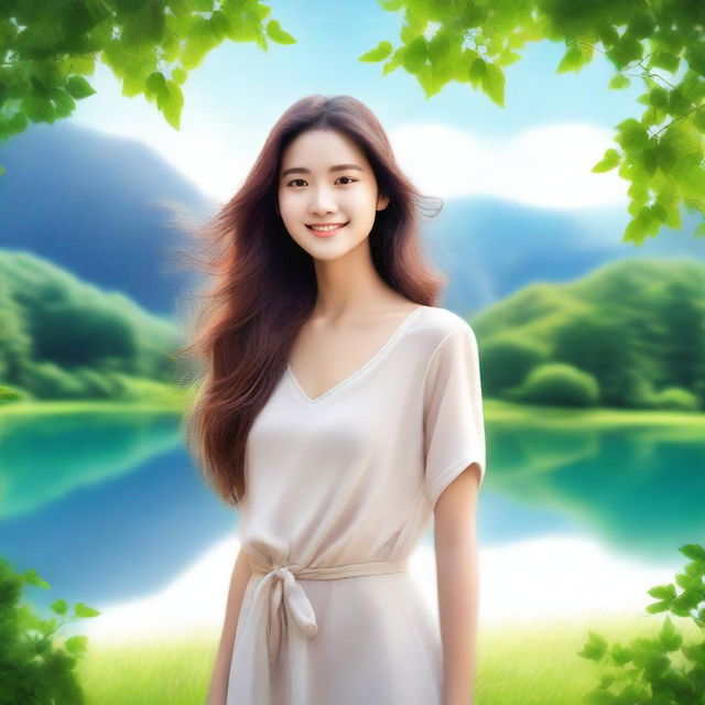 A beautiful girl with flowing hair, standing in a serene landscape with a gentle smile