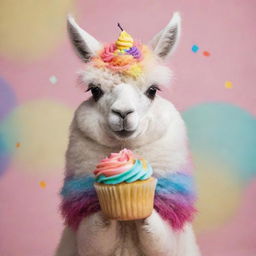 A fluffy llama happily munching on a small, colorful cupcake