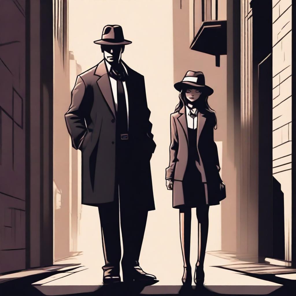 A detailed illustration of a mafia man standing next to an innocent girl