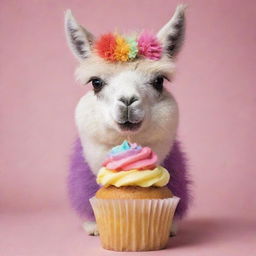 A fluffy llama happily munching on a small, colorful cupcake