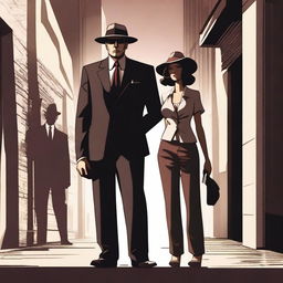 A detailed illustration of a mafia man standing next to an innocent girl