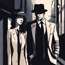 A detailed illustration of a mafia man standing next to an innocent girl