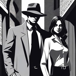 A detailed illustration of a mafia man standing next to an innocent girl