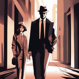 A detailed illustration of a mafia man standing next to an innocent girl