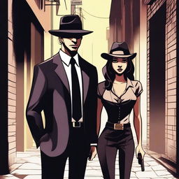 A detailed illustration of a mafia man standing next to an innocent girl