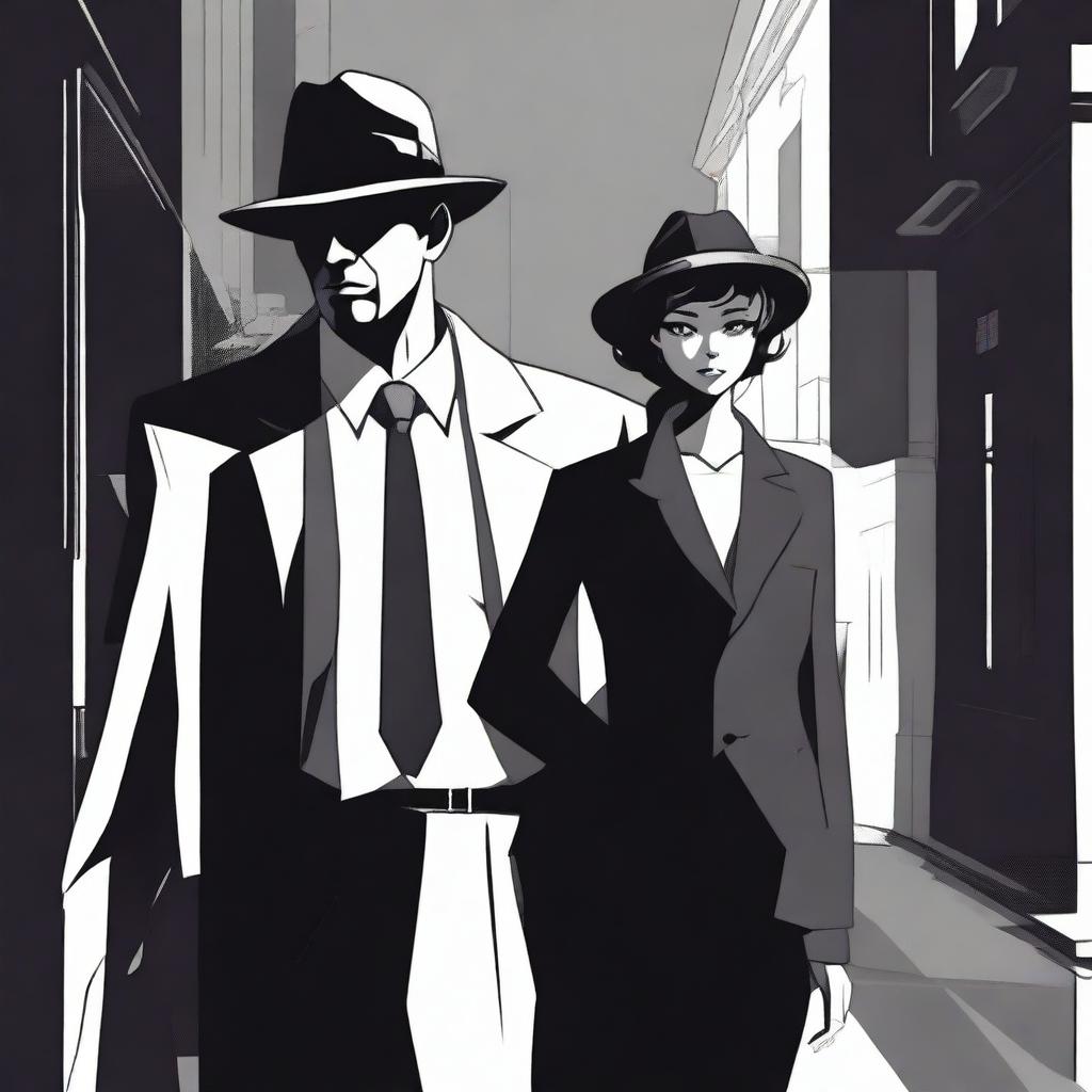 A detailed illustration of a mafia man standing next to an innocent girl