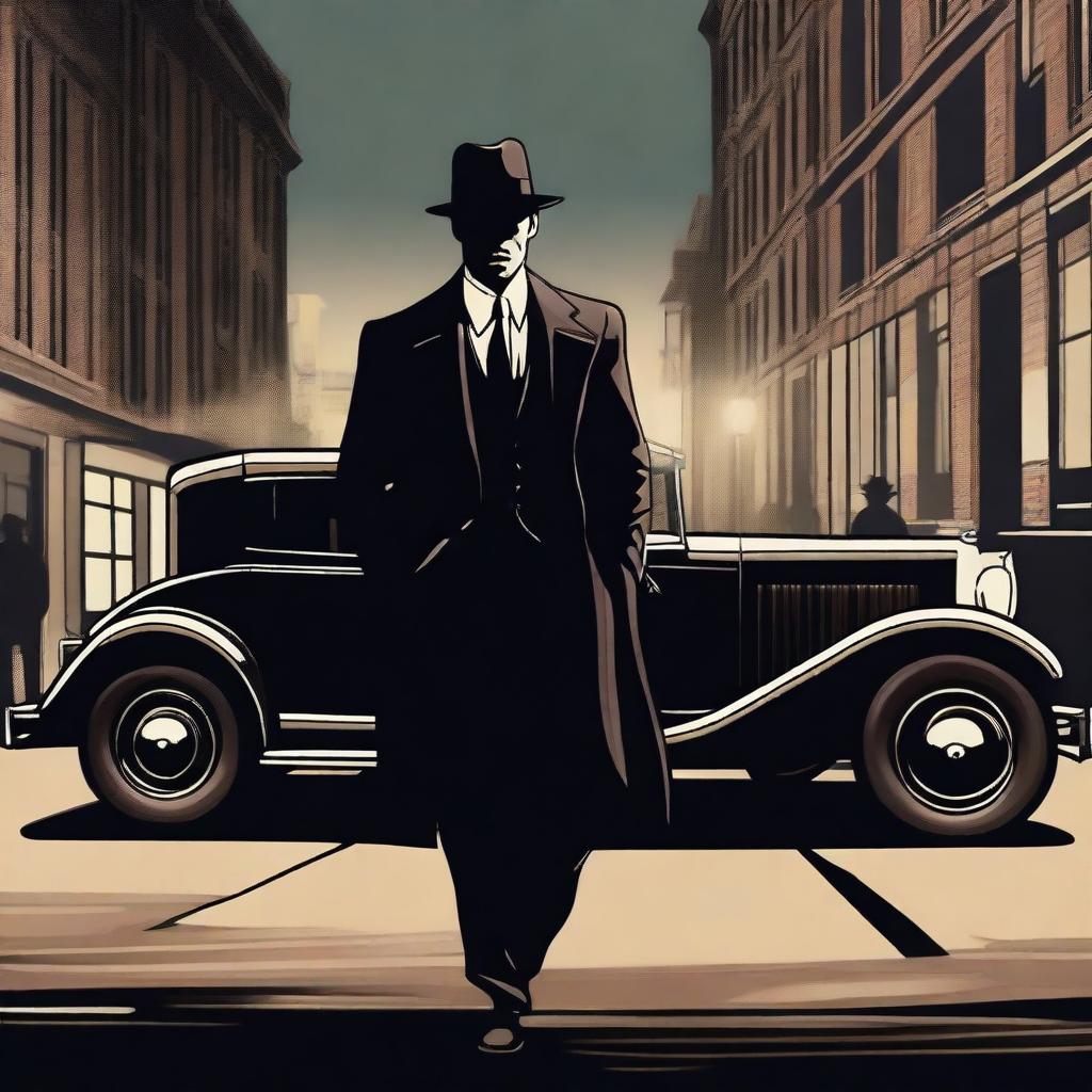 A detailed illustration of a mafia figure in a classic 1920s setting