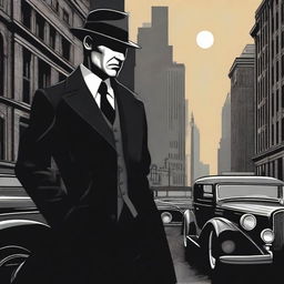 A detailed illustration of a mafia figure in a classic 1920s setting