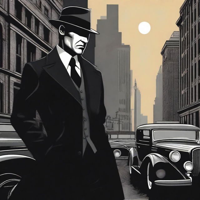 A detailed illustration of a mafia figure in a classic 1920s setting