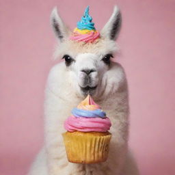 A fluffy llama happily munching on a small, colorful cupcake