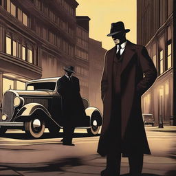 A detailed illustration of a mafia figure in a classic 1920s setting