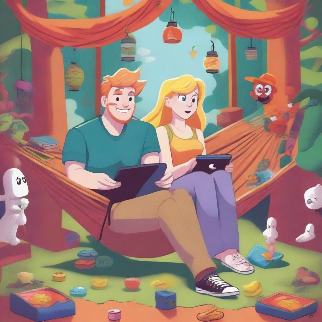 An illustration of a 27-year-old blonde man sitting on a hammock with a 25-year-old ginger woman