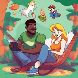 An illustration of a 27-year-old blonde man sitting on a hammock with a 25-year-old ginger woman