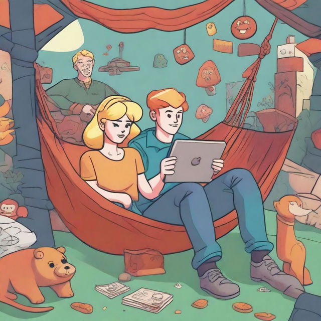 An illustration of a 27-year-old blonde man sitting on a hammock with a 25-year-old ginger woman