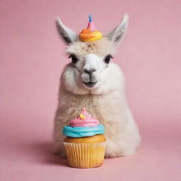 A fluffy llama happily munching on a small, colorful cupcake