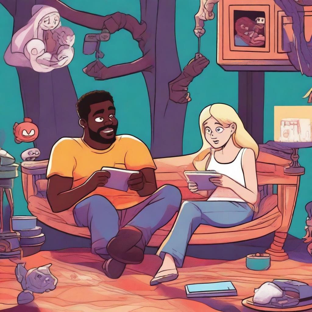 An illustration featuring Mike, a 27-year-old blonde man, sitting on a hammock with Emma, a 25-year-old woman