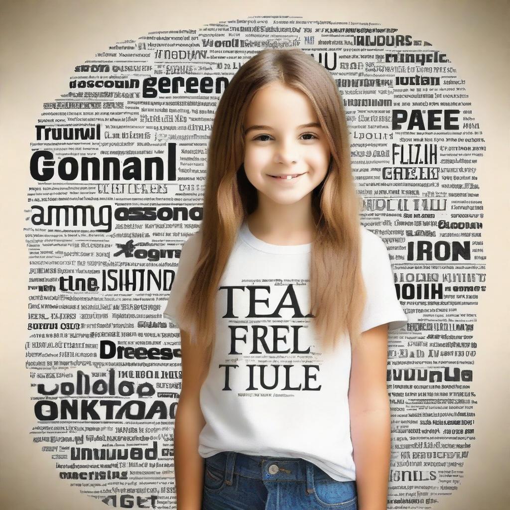 Create an image of a young girl standing with various words behind her