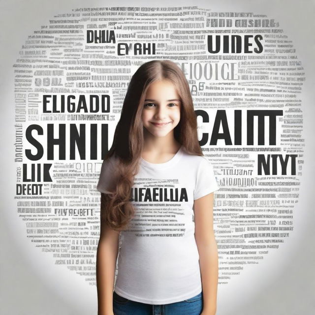 Create an image of a young girl standing with various words behind her