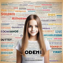 Create an image of a young girl standing with various words behind her