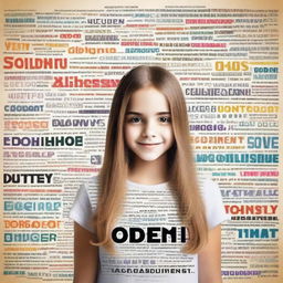 Create an image of a young girl standing with various words behind her