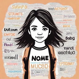 Create an image of a young girl standing with various words behind her