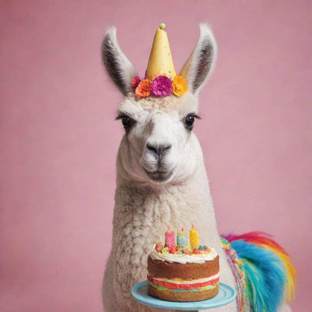 A fun, cartoonish llama happily munching on a small, delicious cake, accentuated with vibrant colors and appealing textures.