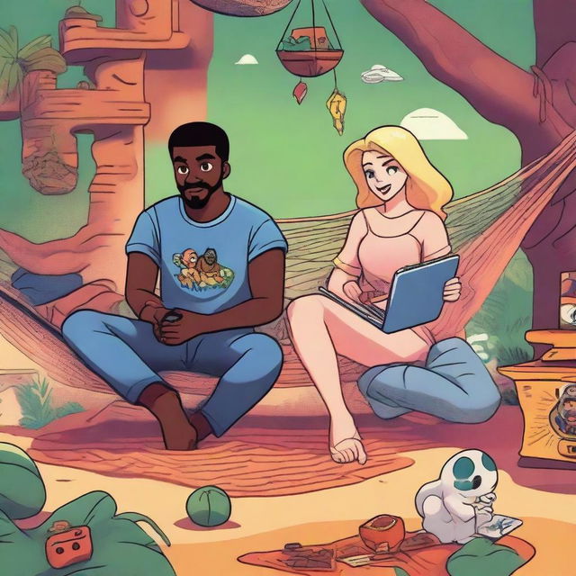 An illustration featuring Mike, a 27-year-old blonde man, sitting on a hammock with Emma, a 25-year-old woman