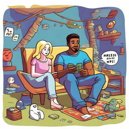 An illustration featuring Mike, a 27-year-old blonde man, sitting on a hammock with Emma, a 25-year-old woman