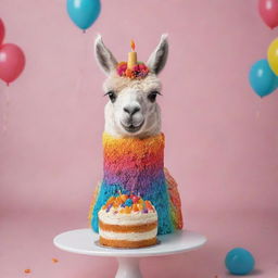 A fun, cartoonish llama happily munching on a small, delicious cake, accentuated with vibrant colors and appealing textures.