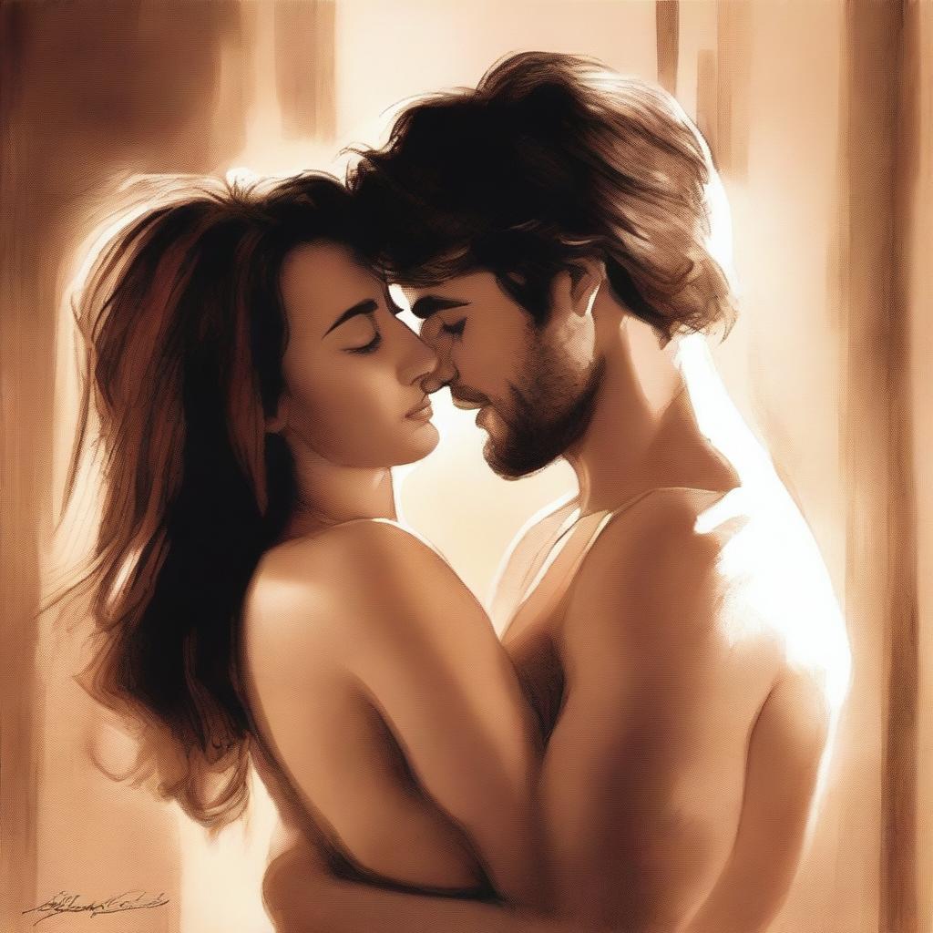 An intimate and sensual illustration of a couple in a passionate embrace