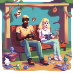 An illustration featuring Mike, a 27-year-old blonde man, sitting on a hammock with Emma, a 25-year-old woman